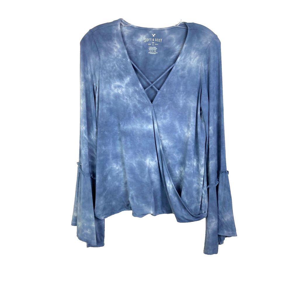American Eagle Soft & Sexy Blue Tie Dye Shirt Size S Bell Sleeve V Neck - Picture 2 of 6